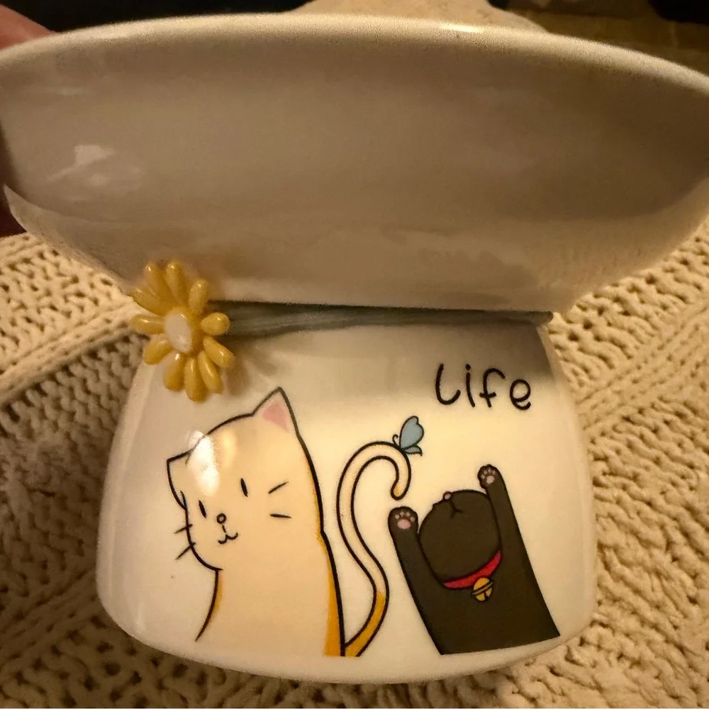 Ceramic Elevated Cat Bowl Raised Pet Feeder Whimsical Life Cat Illustration 6